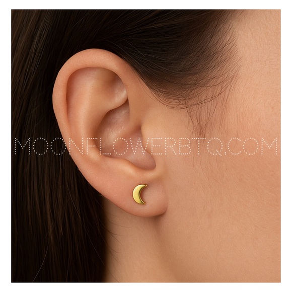 Tiny Gold Crescent Moon Flat Back Stud Earrings – 18k GP Surgical Steel - Picture 2 of 7